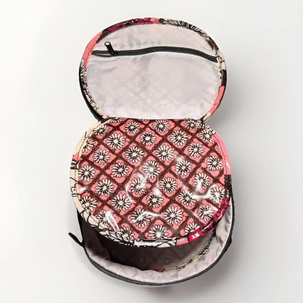 Vera Bradley Mocha Rouge Round Cosmetic Case Floral Travel Makeup Bag Pink Brown